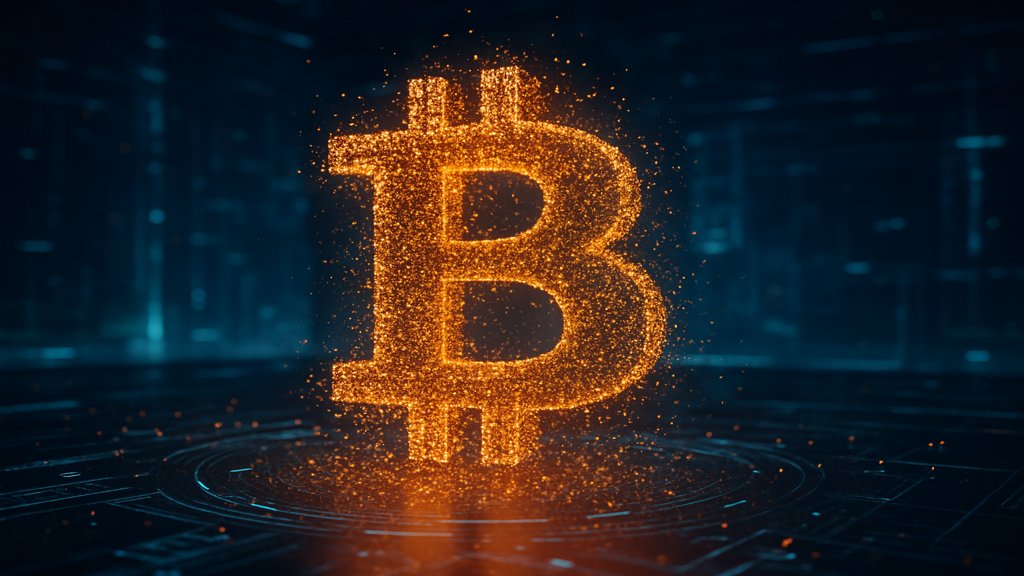 Abstraktes Bitcoin-Symbol aus digitalen Partikeln.