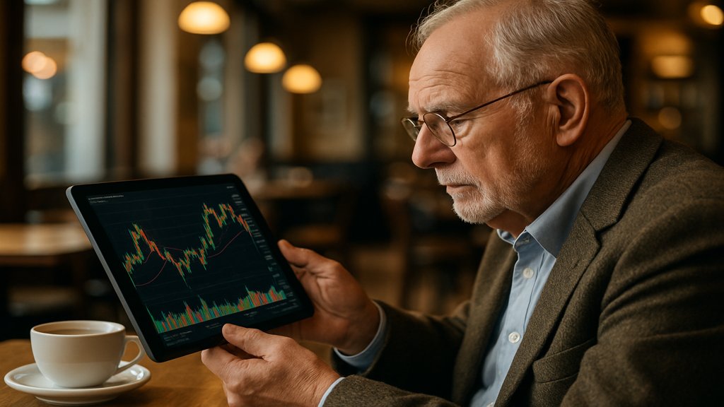 Älterer Anleger betrachtet Aktiencharts auf einem Tablet in einem Café.