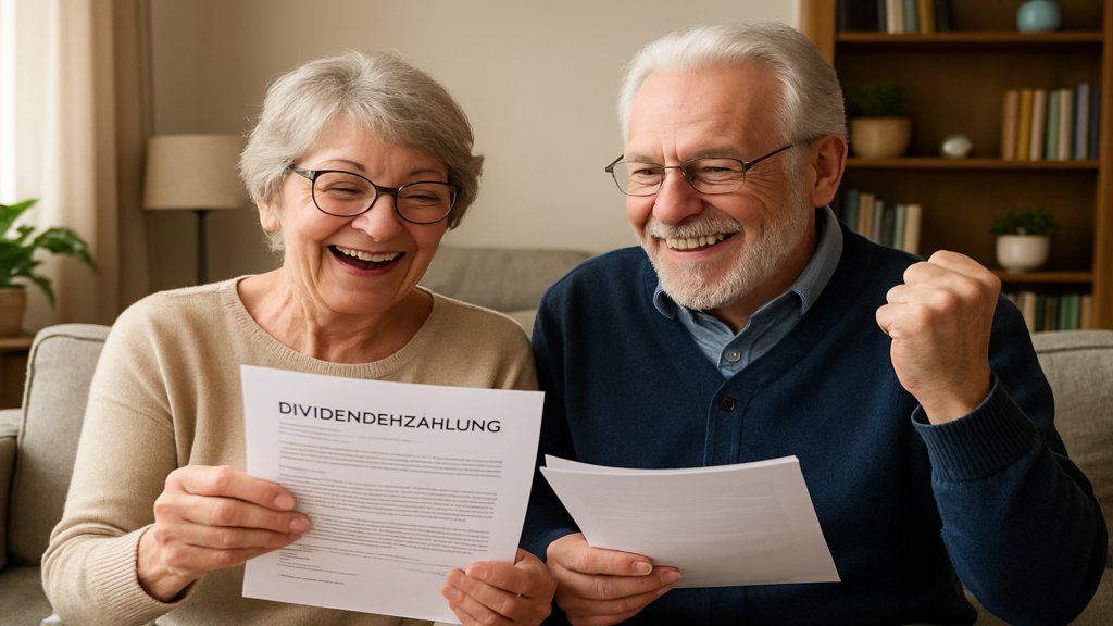 Älteres Paar überprüft Dividendenzahlungen, freut sich im Wohnzimmer.