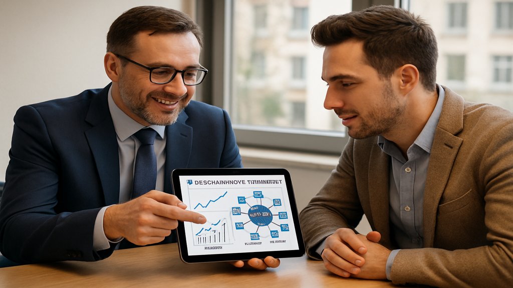 Berater erklärt Blockchain-Anwendungen in der Finanzwelt.