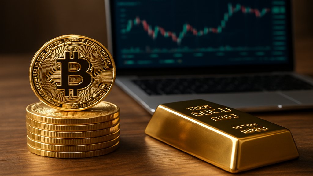 Bitcoin-Münzen und ein Goldbarren nebeneinander auf einem Tisch.