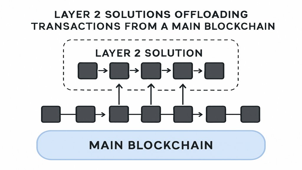 Darstellung der Funktionsweise von Layer 2 Lösungen mit Blockchain und ausgelagerten Transaktionen.