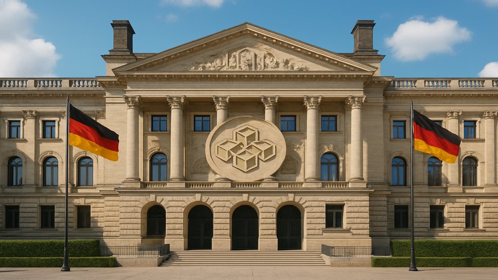 Deutsches Regierungsgebäude mit Blockchain-Symbolik.