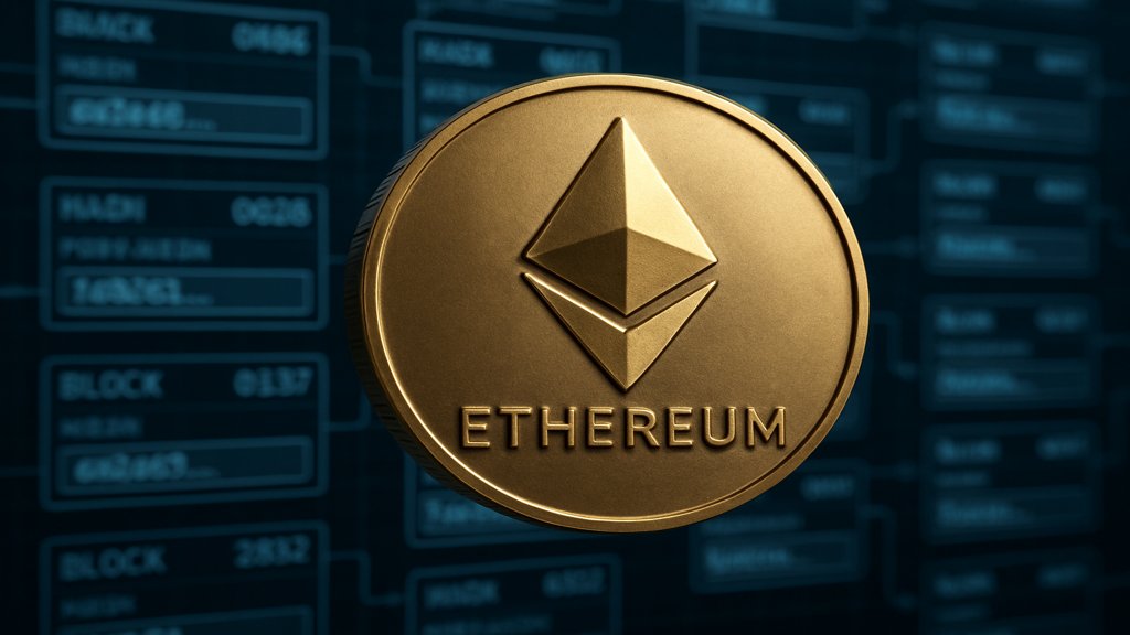 Digitaler Ethereum-Coin vor einem Blockchain-Hintergrund.