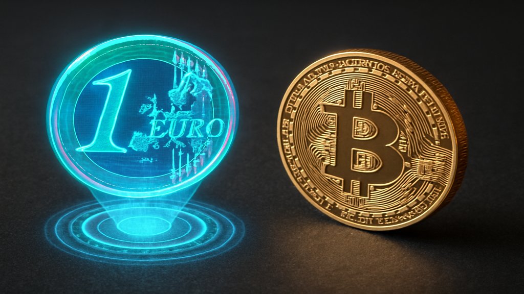 Digitaler Euro und Bitcoin nebeneinander dargestellt.