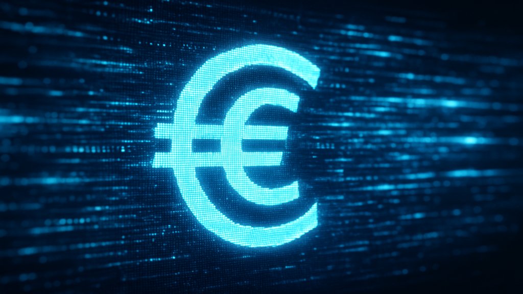 Digitales Euro-Symbol auf einem Bildschirm mit Datenströmen.