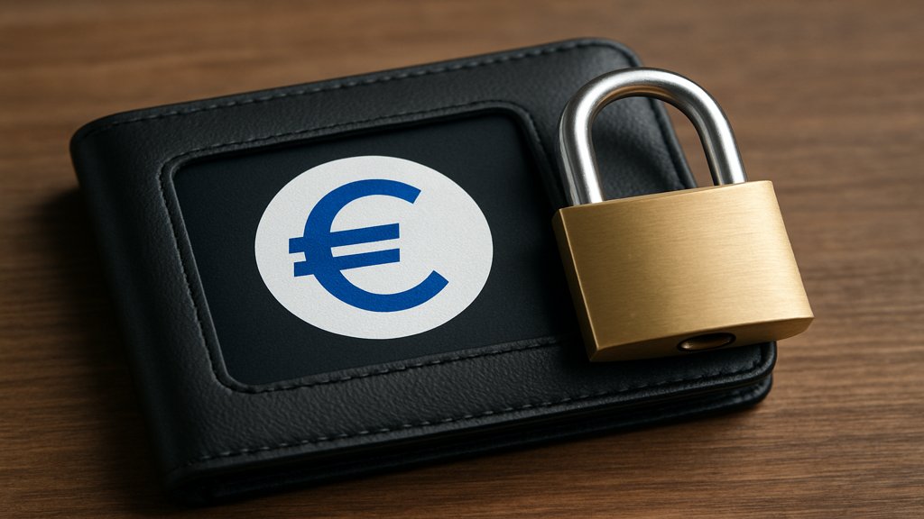Digitales Wallet mit dem Symbol des Digitalen Euro und einem Schloss für Sicherheit.