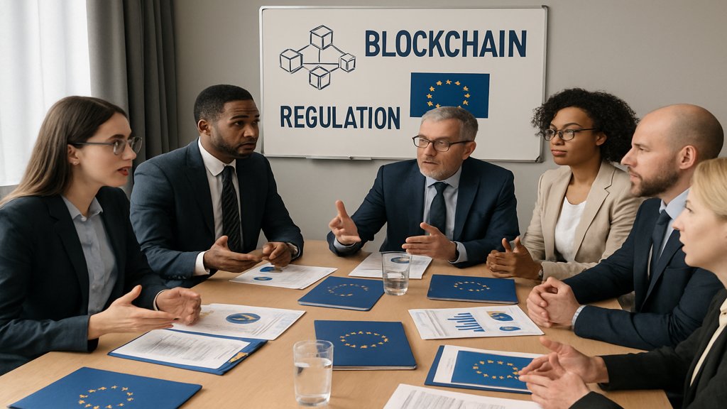 Diskussion über Blockchain-Regulierung in einem Konferenzraum mit EU-Dokumenten.