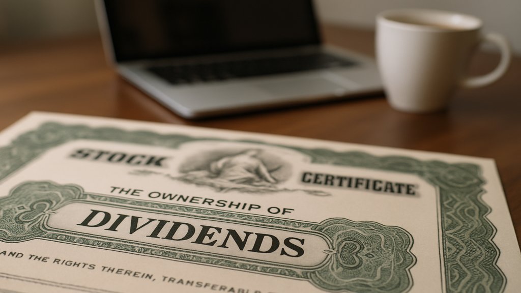 Ein Aktienzertifikat mit hervorgehobenen Dividendeninformationen auf einem Schreibtisch.