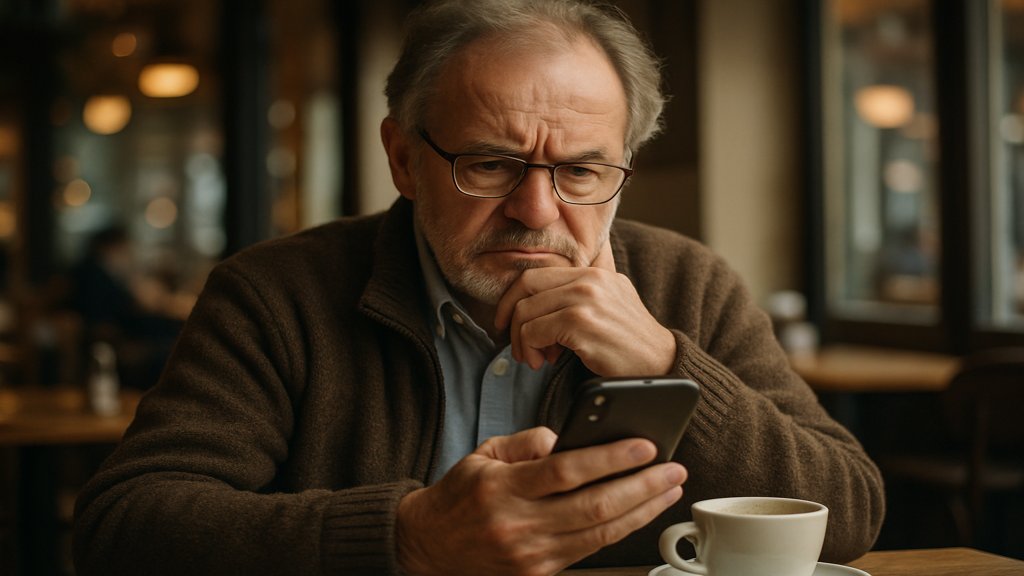 Ein älterer Mann, der skeptisch auf sein Smartphone schaut, symbolisiert Bedenken zur Sicherheit des digitalen Euros.