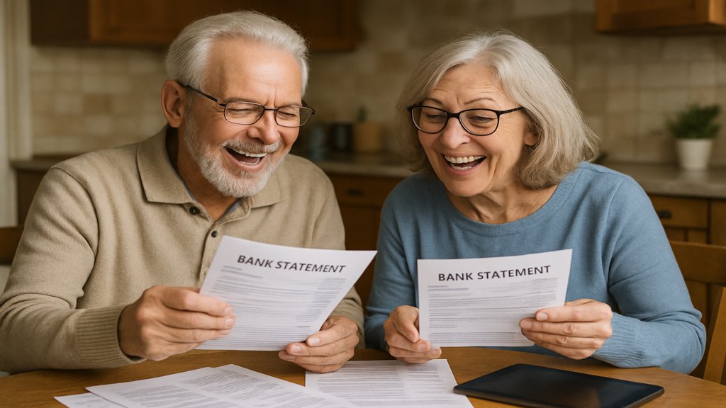Ein älteres Paar, das sich über ihre Finanzen freut, möglicherweise durch Dividenden-Reinvestitionen.