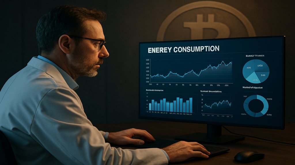Ein Analyst untersucht den Stromverbrauch von Bitcoin auf einem Bildschirm.