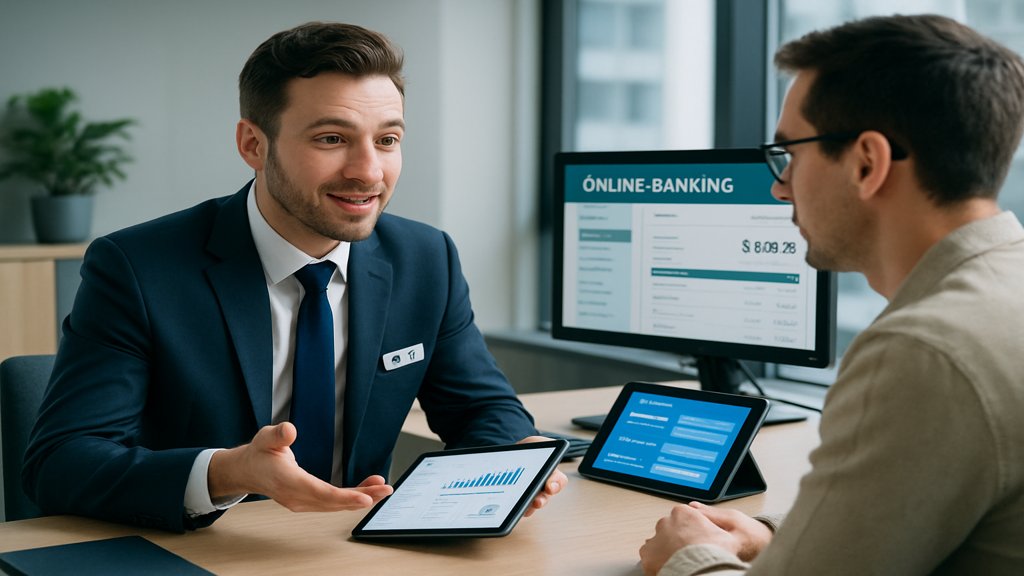 Ein Bankangestellter im Gespräch mit einem Kunden, umgeben von moderner Technologie.