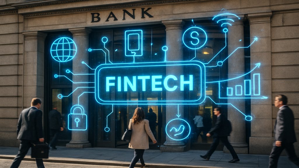 Ein Bankgebäude mit Menschen und einem digitalen Overlay, das Fintech-Technologie zeigt.