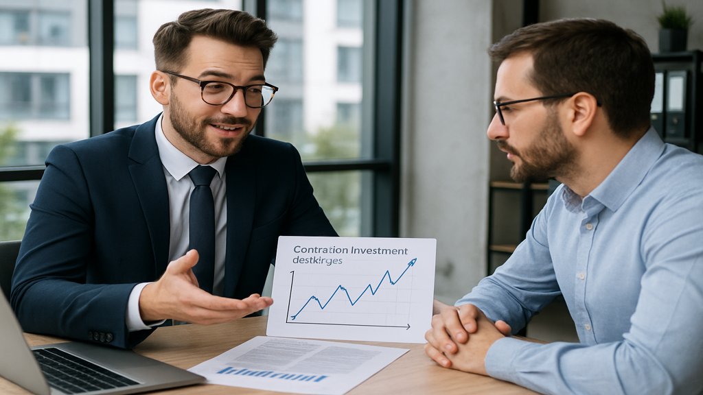Ein Berater erklärt einem Kunden antizyklische Investitionsstrategien.
