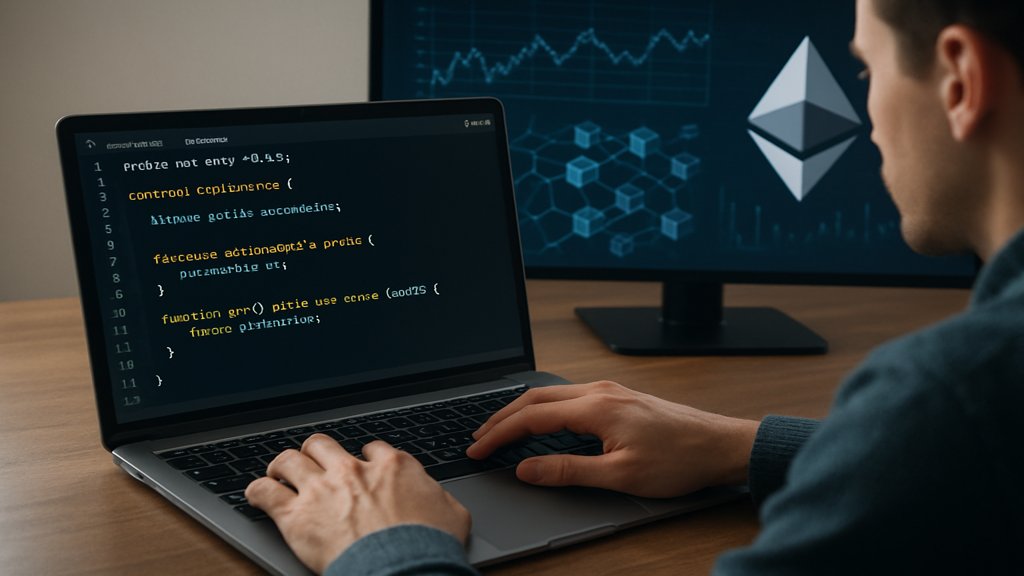 Ein Entwickler arbeitet an Ethereum-Smart Contracts auf einem Laptop.