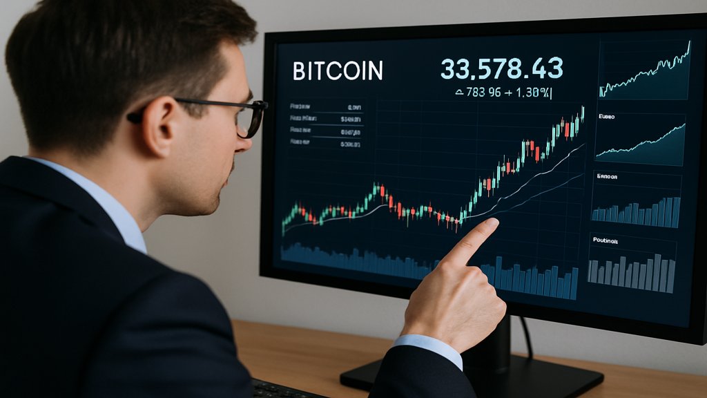 Ein Finanzanalyst analysiert Bitcoin-Preisentwicklungen auf einem Bildschirm.