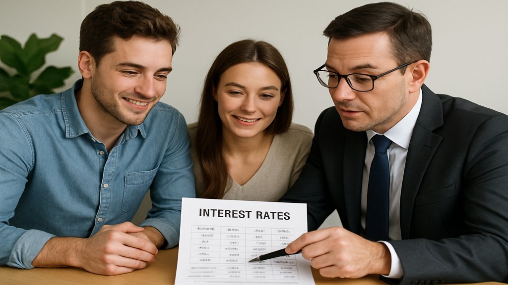 Ein Finanzberater erklärt einem jungen Paar die Auswirkungen von Zinspolitik auf Kredite.