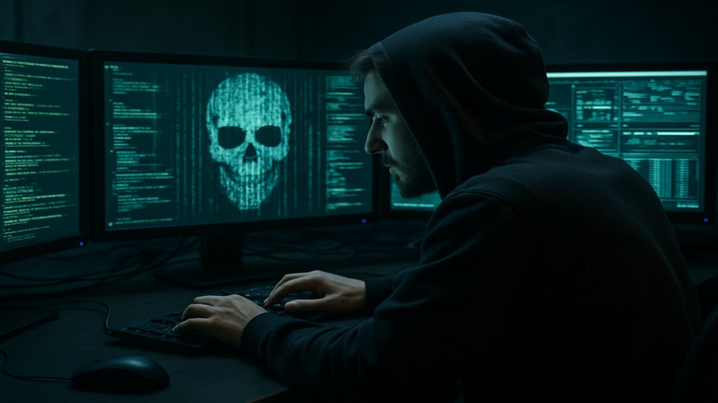 Ein Hacker greift Daten in einem dunklen Raum an.