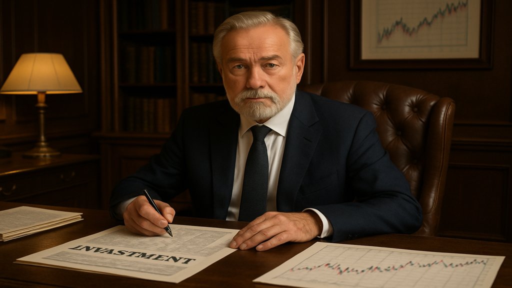 Ein Investor in einem klassischen Büro mit Fokus auf Stabilität und Wert.