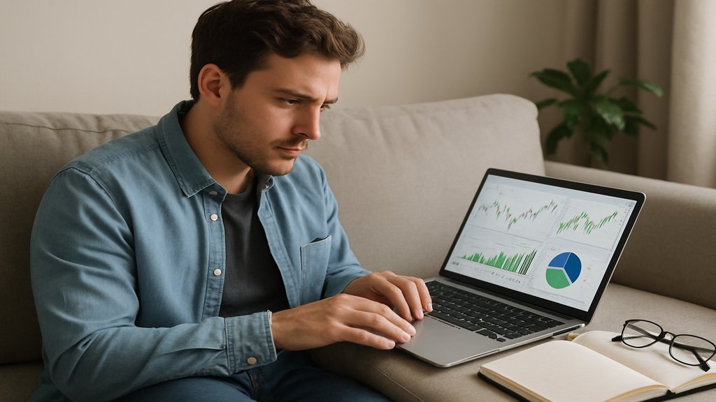 Ein junger Investor plant eine Finanzstrategie, möglicherweise die Core Satellite Strategie, auf seinem Laptop.