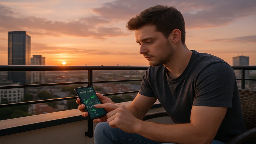 Ein junger Mann, der eine Investment-App nutzt, um Dividenden zu reinvestieren.