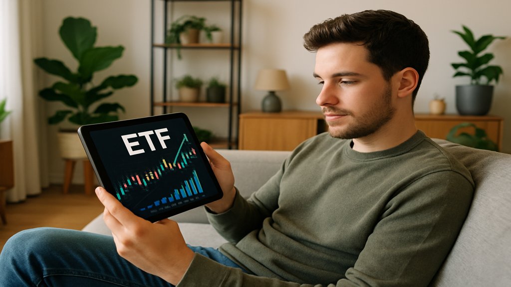 Ein Mann analysiert ETF-Grafiken auf einem Tablet in einem gemütlichen Wohnzimmer.