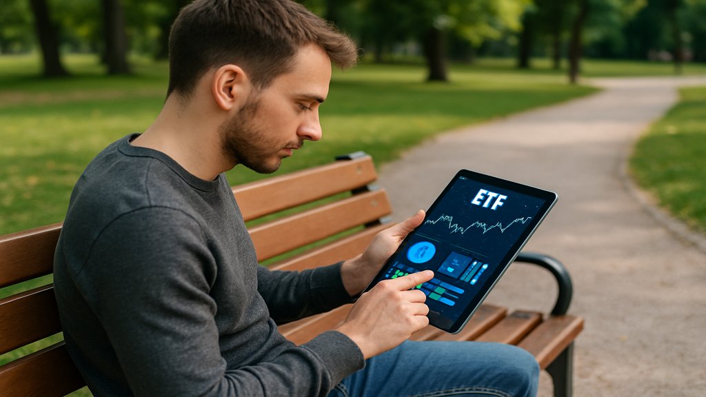 Ein Mann, der sich über ETFs informiert, während er auf einer Parkbank sitzt.
