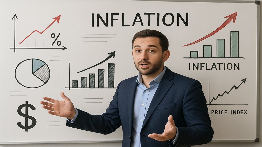Ein Mann erklärt Diagramme zur Inflation an einem Whiteboard.
