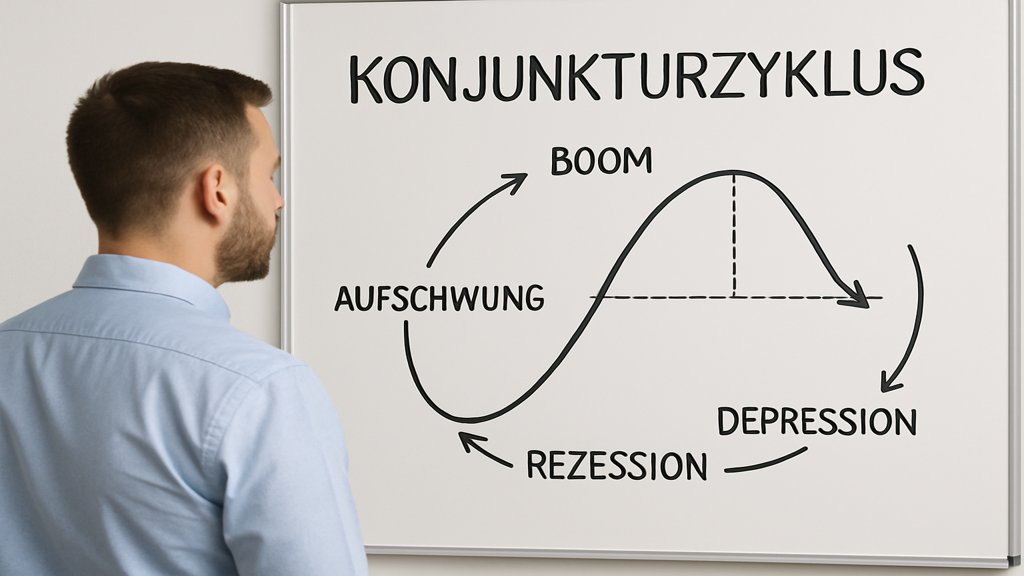 Ein Mann erklärt die Phasen des Konjunkturzyklus an einem Whiteboard.