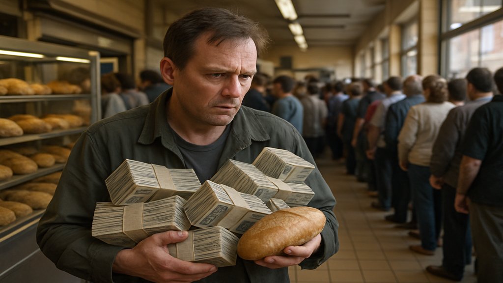 Ein Mann mit Bündeln von Geldscheinen kauft ein Brot während einer Hyperinflation.
