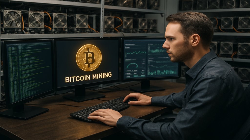 Ein Mann überwacht Bitcoin-Mining auf mehreren Bildschirmen, Mining-Rigs im Hintergrund.