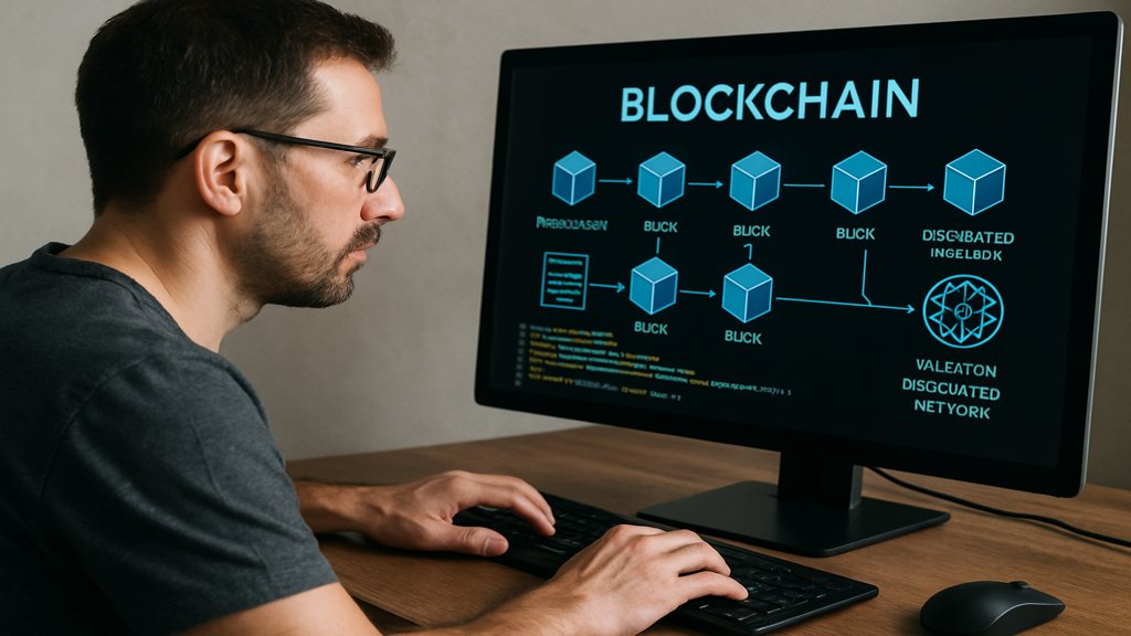 Ein Programmierer arbeitet an einem Blockchain-System.