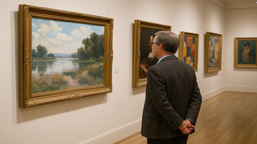 Ein Sammler betrachtet Kunstwerke, die als Sachwerte dienen können.