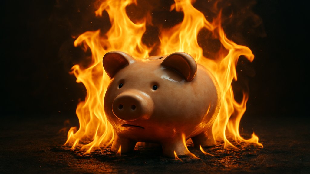 Ein Sparschwein, das von Flammen umgeben ist, symbolisiert den Wertverlust durch Inflation.