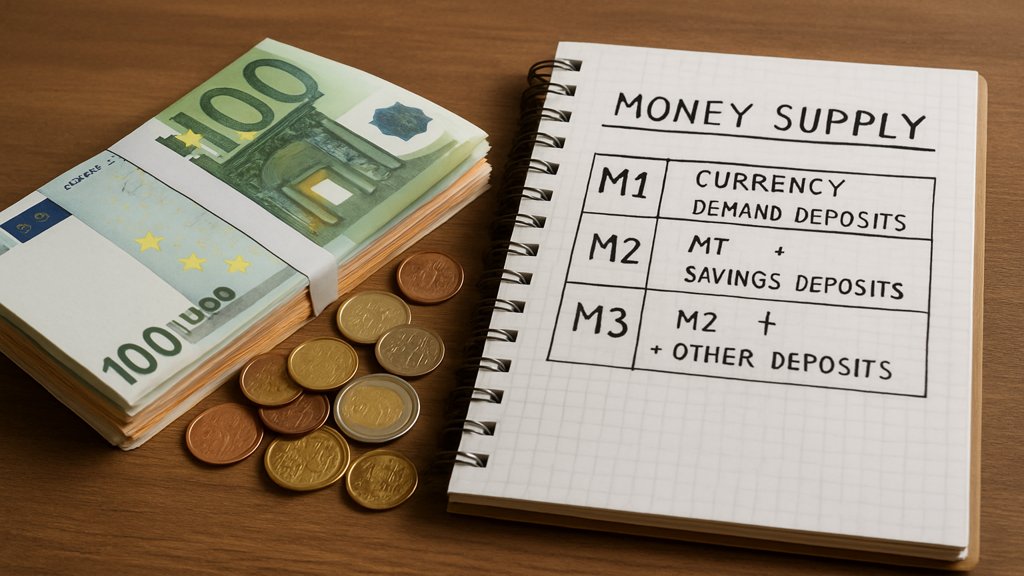 Ein Stapel Geldscheine und Münzen neben einem Notizbuch mit einer Tabelle zur Geldmenge.