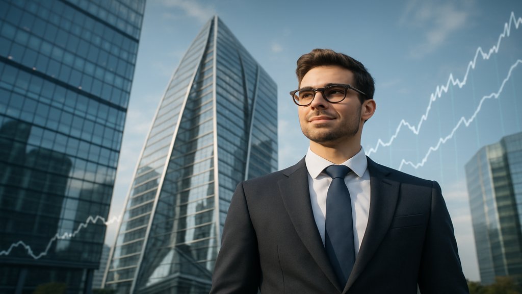 Ein Unternehmer vor einem futuristischen Gebäude, das Wachstum symbolisiert.