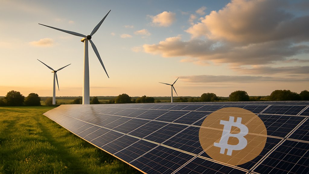 Ein Windpark mit nachhaltiger Energieerzeugung und Bitcoin-Logo.