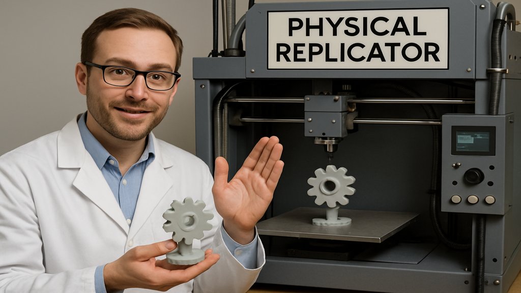 Ein Wissenschaftler, der eine physische Replikationstechnologie erklärt.