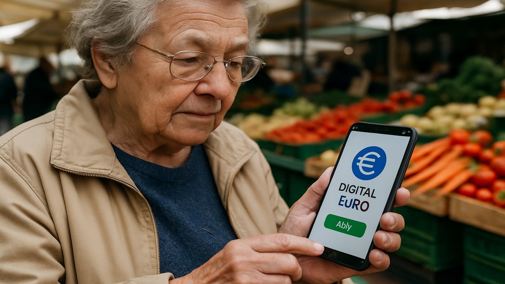 Eine ältere Person nutzt den digitalen Euro für Einkäufe.