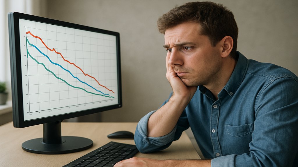 Eine besorgte Person betrachtet ein Diagramm mit fallenden Kurven auf einem Computerbildschirm.