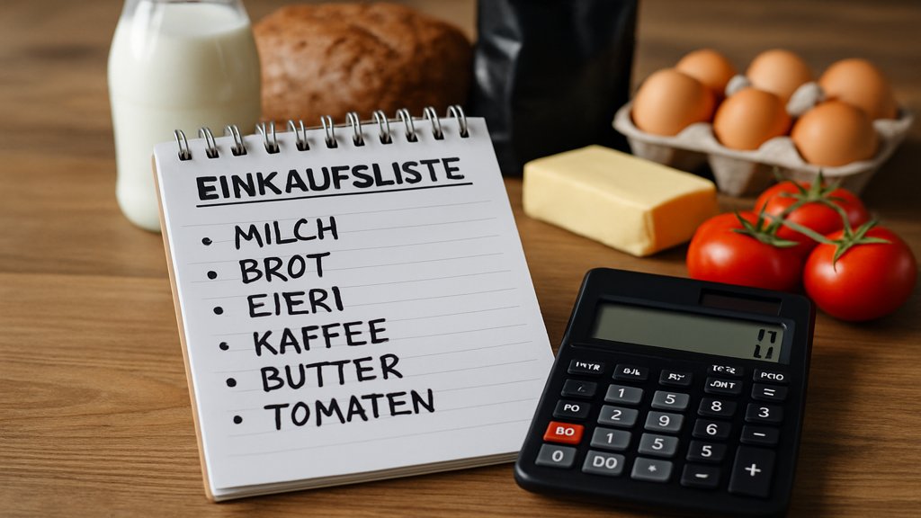 Eine Einkaufsliste und ein Taschenrechner auf einem Tisch, daneben einige Lebensmittel.