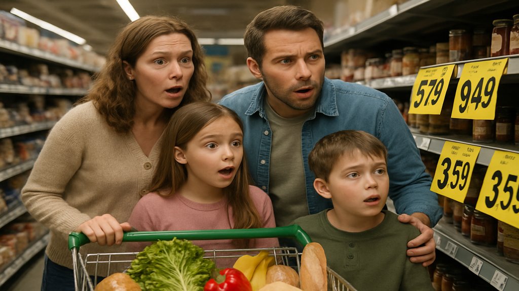 Eine Familie beim Einkaufen, überrascht von gestiegenen Preisen.