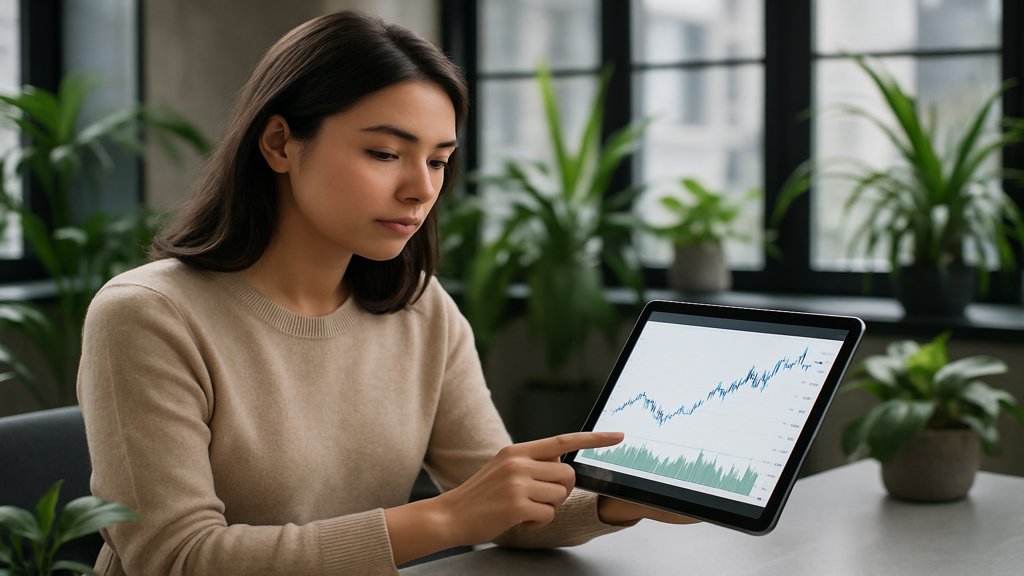 Eine Frau analysiert ein Diagramm zum Thema Dividendenwachstum auf einem Tablet.