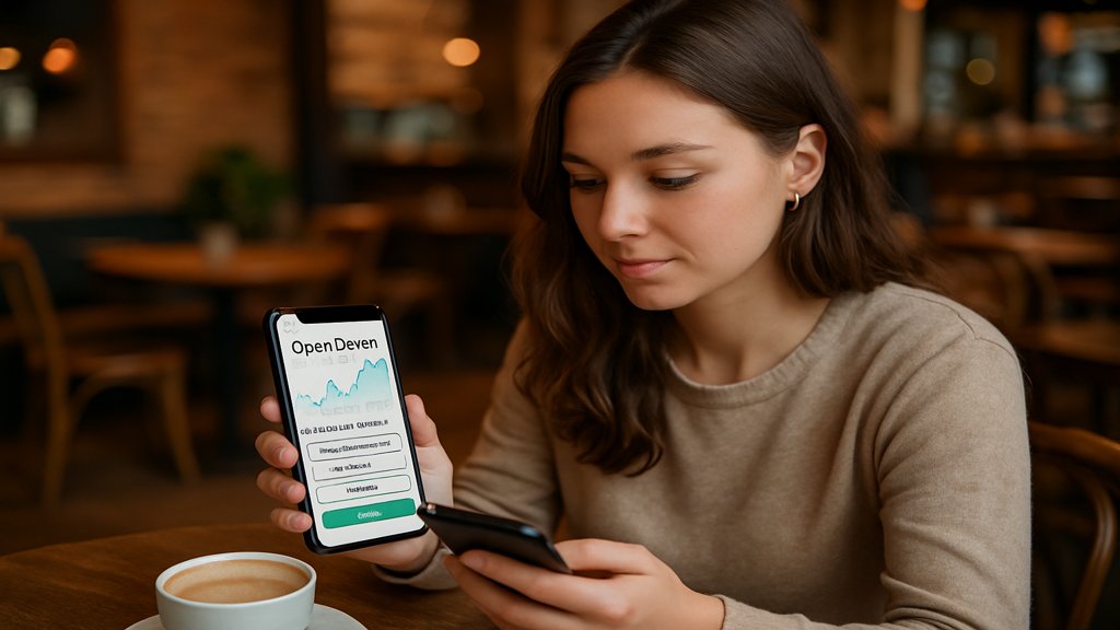 Eine Frau eröffnet ein Depot online über ihr Smartphone.