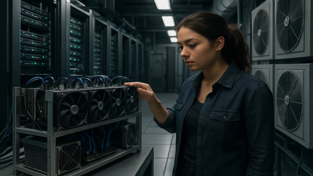 Eine Frau überprüft ein Bitcoin-Mining-Rig in einem professionellen Rechenzentrum.