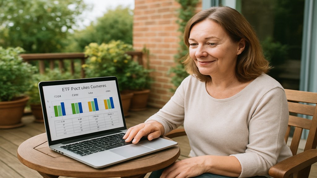 Eine Frau vergleicht ETF-Portfolios auf ihrem Laptop auf einer Terrasse.