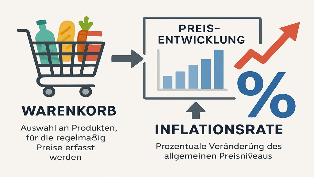 Eine Infografik, die den Zusammenhang von Warenkorb und Inflationsrate veranschaulicht.