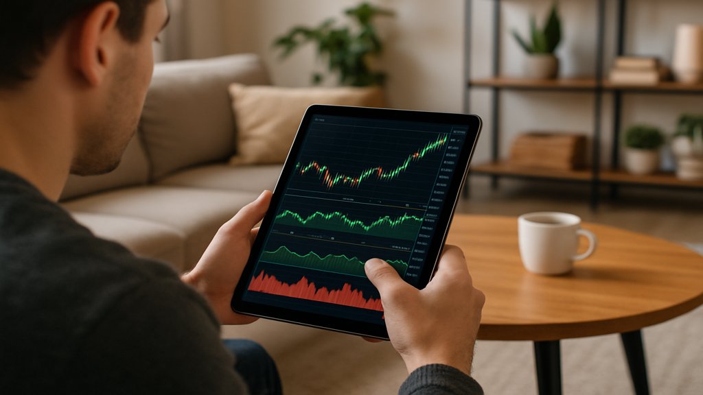 Eine Person analysiert Börsengrafiken auf einem Tablet in einem Wohnzimmer.
