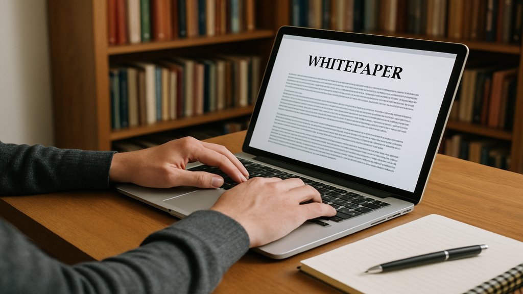 Eine Person beim Erstellen eines Whitepapers an einem Laptop in einem modernen Arbeitsumfeld.